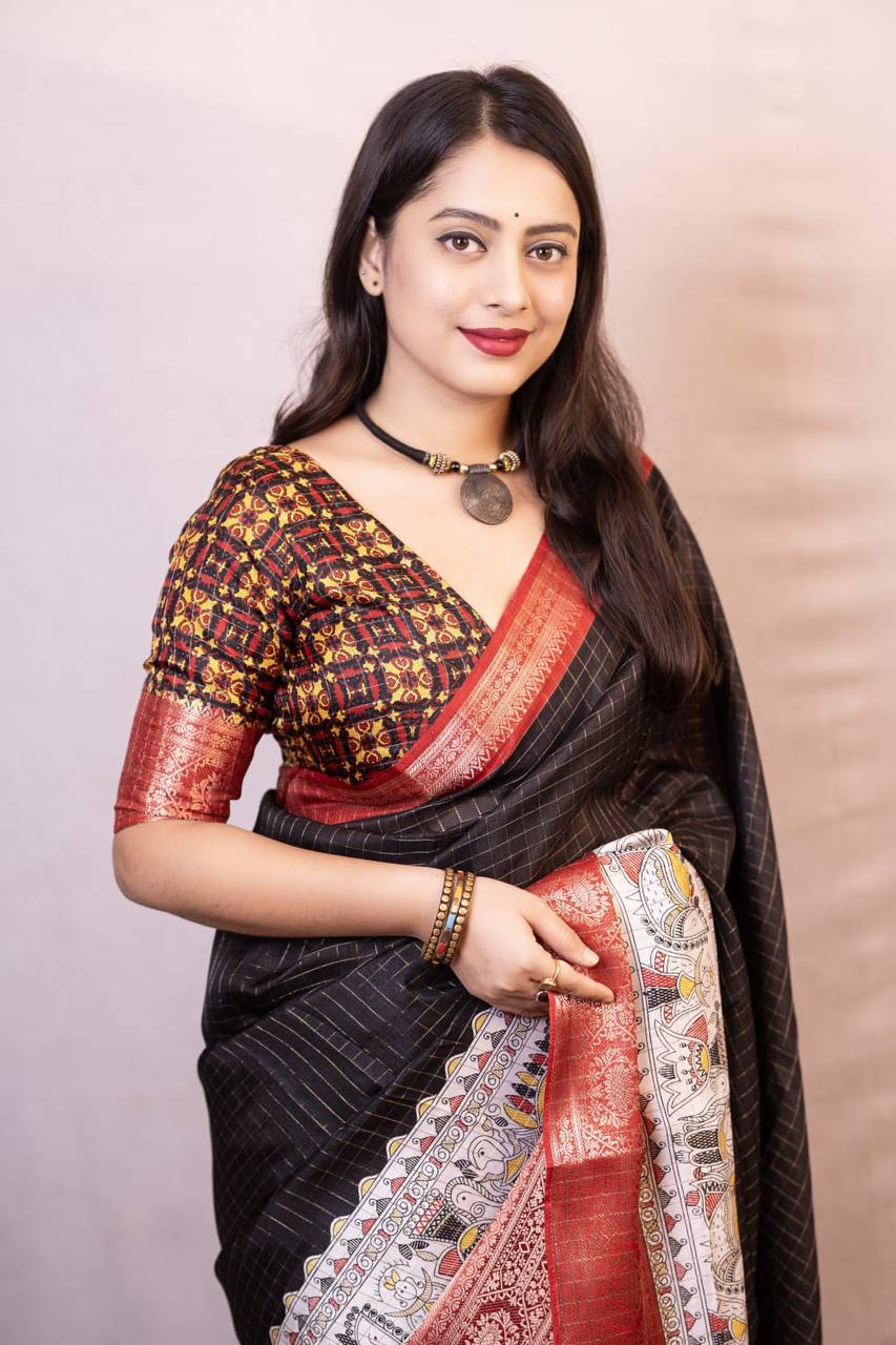 Lightweight Mangalagiri Dola Saree with Print Checks & Kalamkari Pallu