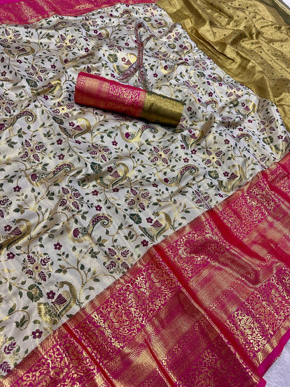 Pure Handloom Kanjivaram Silk Saree with Contrast Border &amp; Rich Zari Pallu