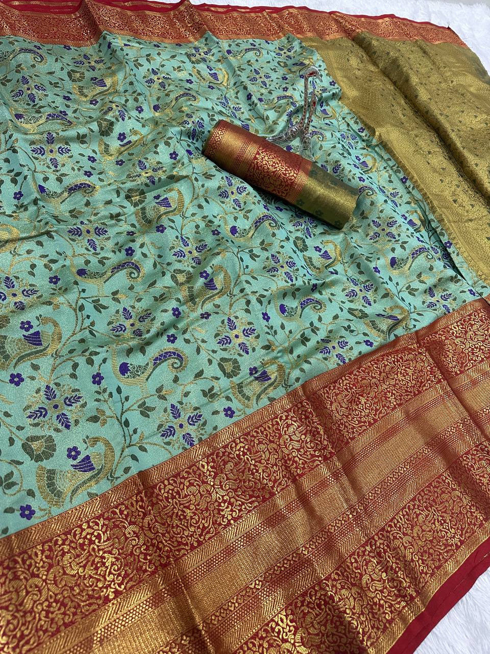 Pure Handloom Kanjivaram Silk Saree with Contrast Border &amp; Rich Zari Pallu