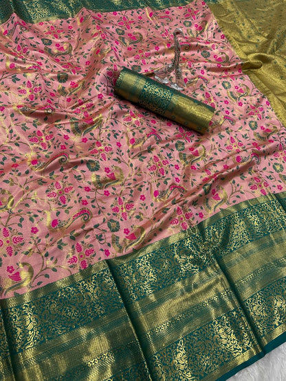 Pure Handloom Kanjivaram Silk Saree with Contrast Border &amp; Rich Zari Pallu