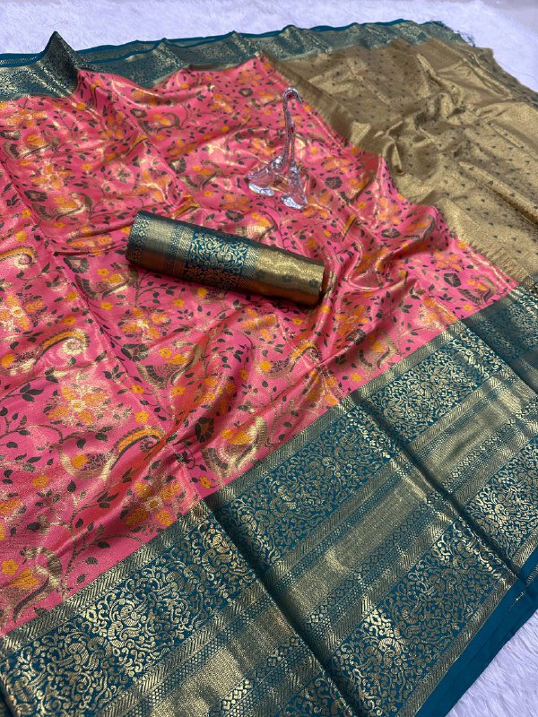 Pure Handloom Kanjivaram Silk Saree with Contrast Border &amp; Rich Zari Pallu