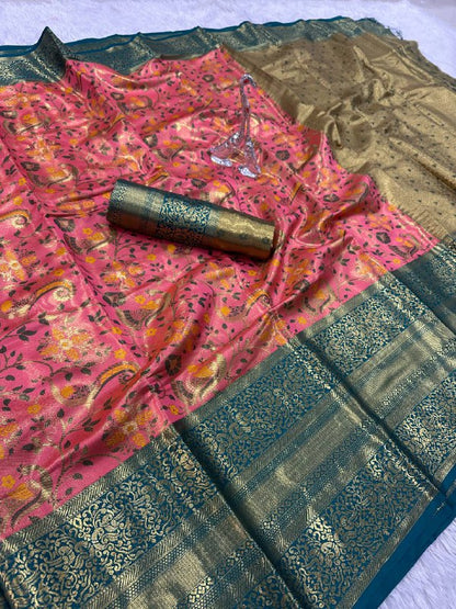 Pure Handloom Kanjivaram Silk Saree with Contrast Border &amp; Rich Zari Pallu