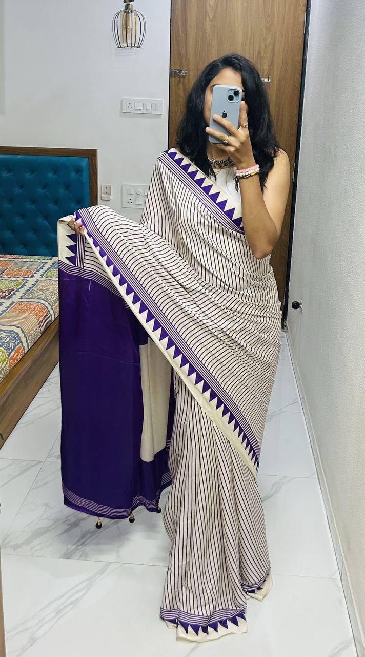 Classic Black &amp; Ivory Striped Saree with Geometric Border