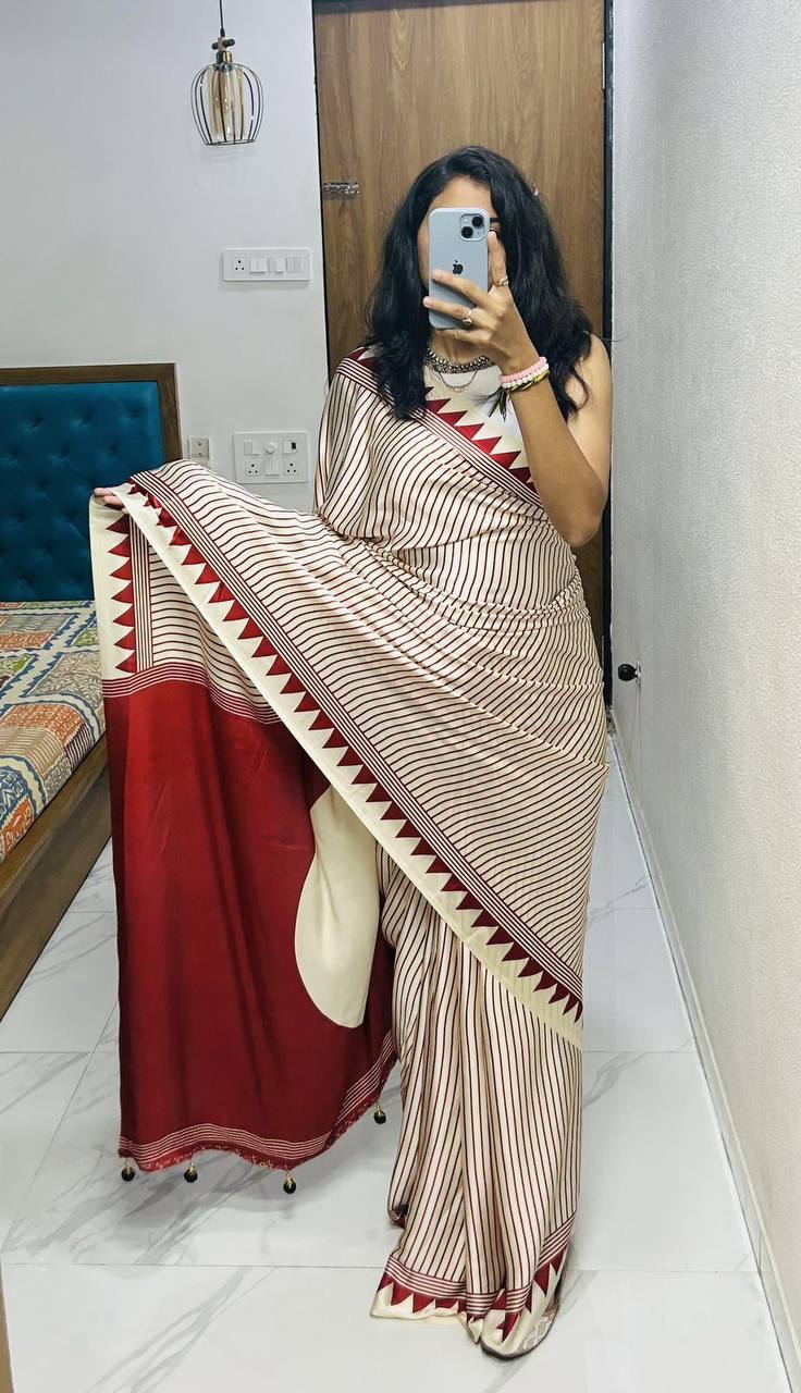 Classic Black &amp; Ivory Striped Saree with Geometric Border