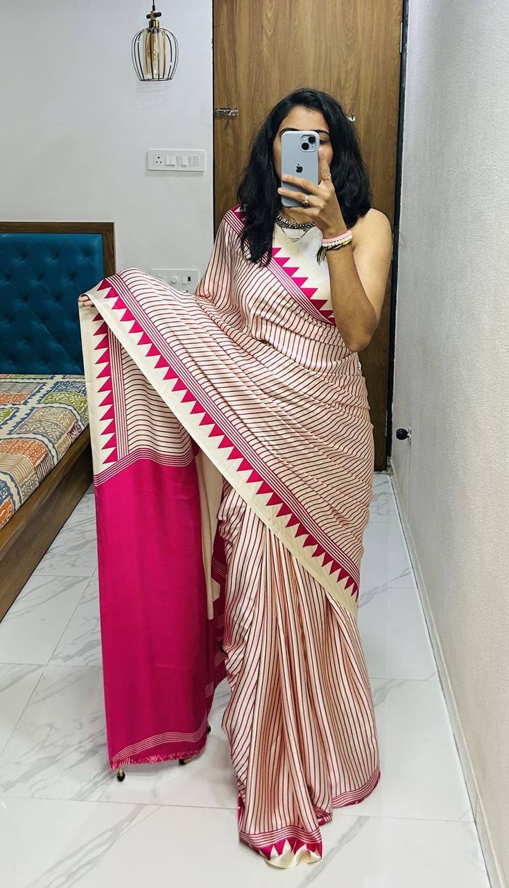 Classic Black &amp; Ivory Striped Saree with Geometric Border