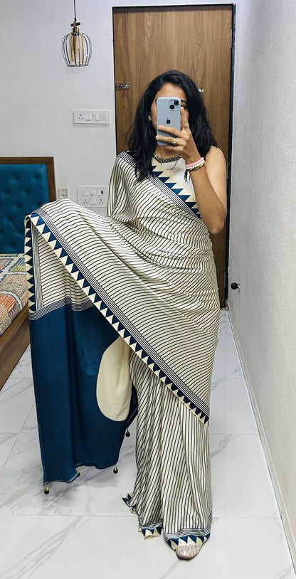 Classic Black &amp; Ivory Striped Saree with Geometric Border