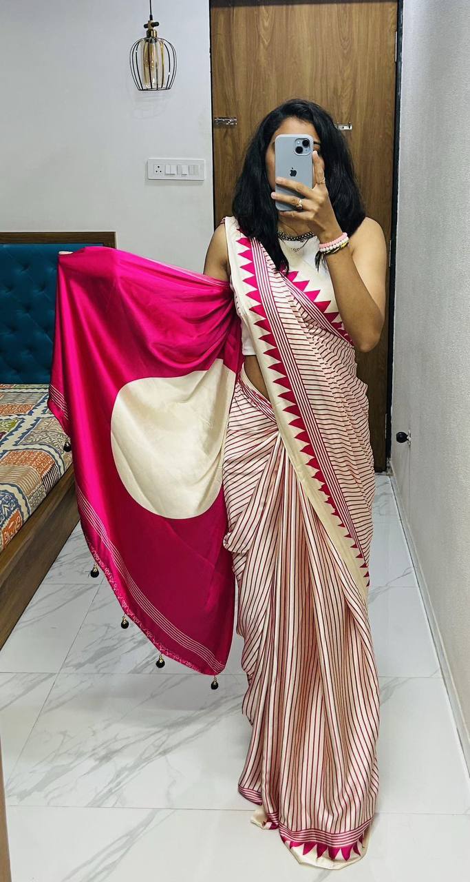Classic Black &amp; Ivory Striped Saree with Geometric Border