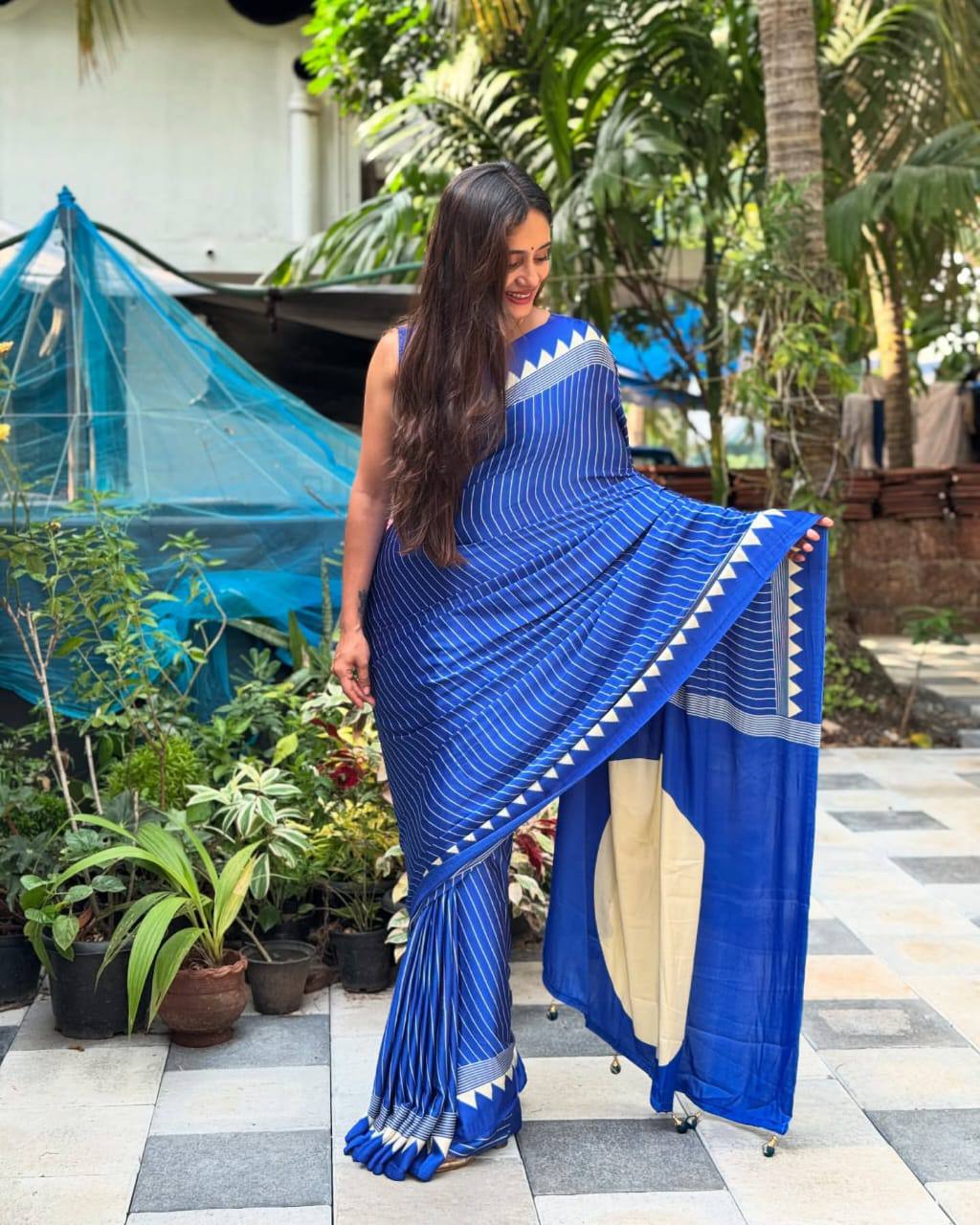 Ethnic Saree Designed with Ajrakh Pattern on Semi Gaji Silk