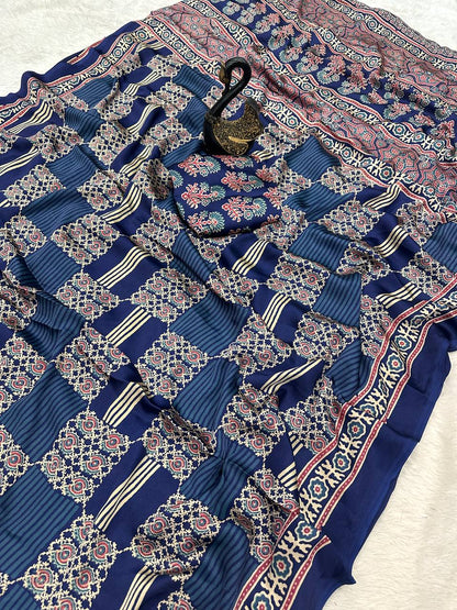 Authentic Saree Crafted in Semi Gaji Silk with Ajrakh Bandhej Art