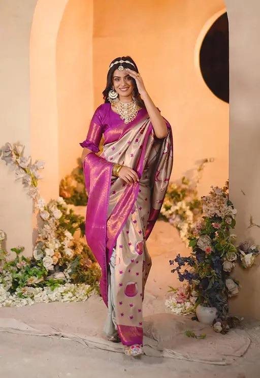 Pure Banarasi Silk Saree with Floral &amp; Meena Zari Work