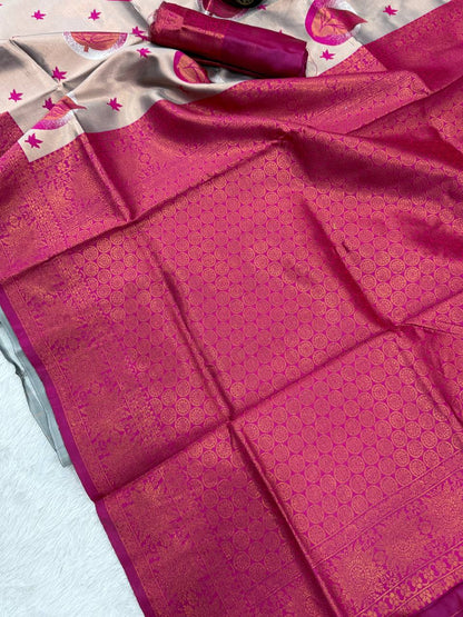 Pure Banarasi Silk Saree with Floral &amp; Meena Zari Work