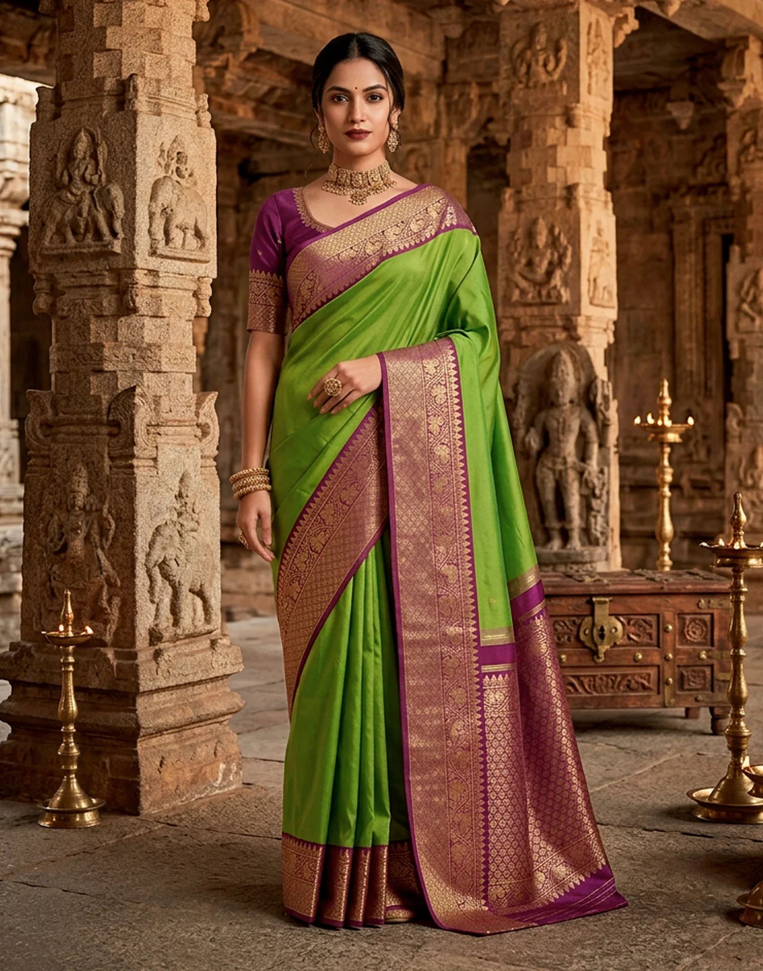 Green Silk Saree with Purple Zari Border