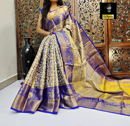 Pure Handloom Kanjivaram Silk Saree with Meena Weaving &amp; Gold Zari Pallu