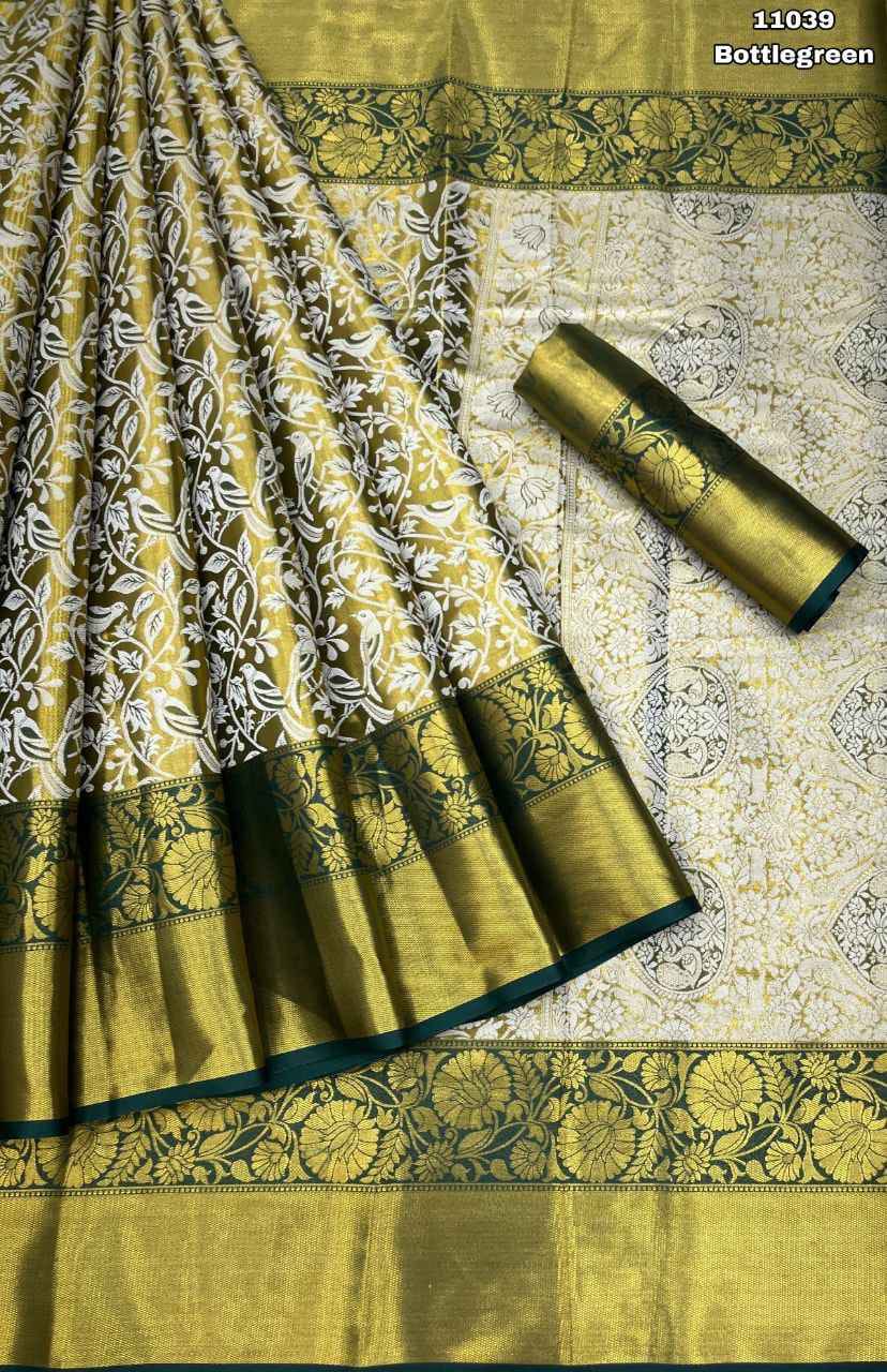 Pure Handloom Kanjivaram Silk Saree with Meena Weaving &amp; Gold Zari Pallu