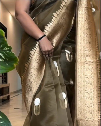 Olive Green Kora Silk Saree