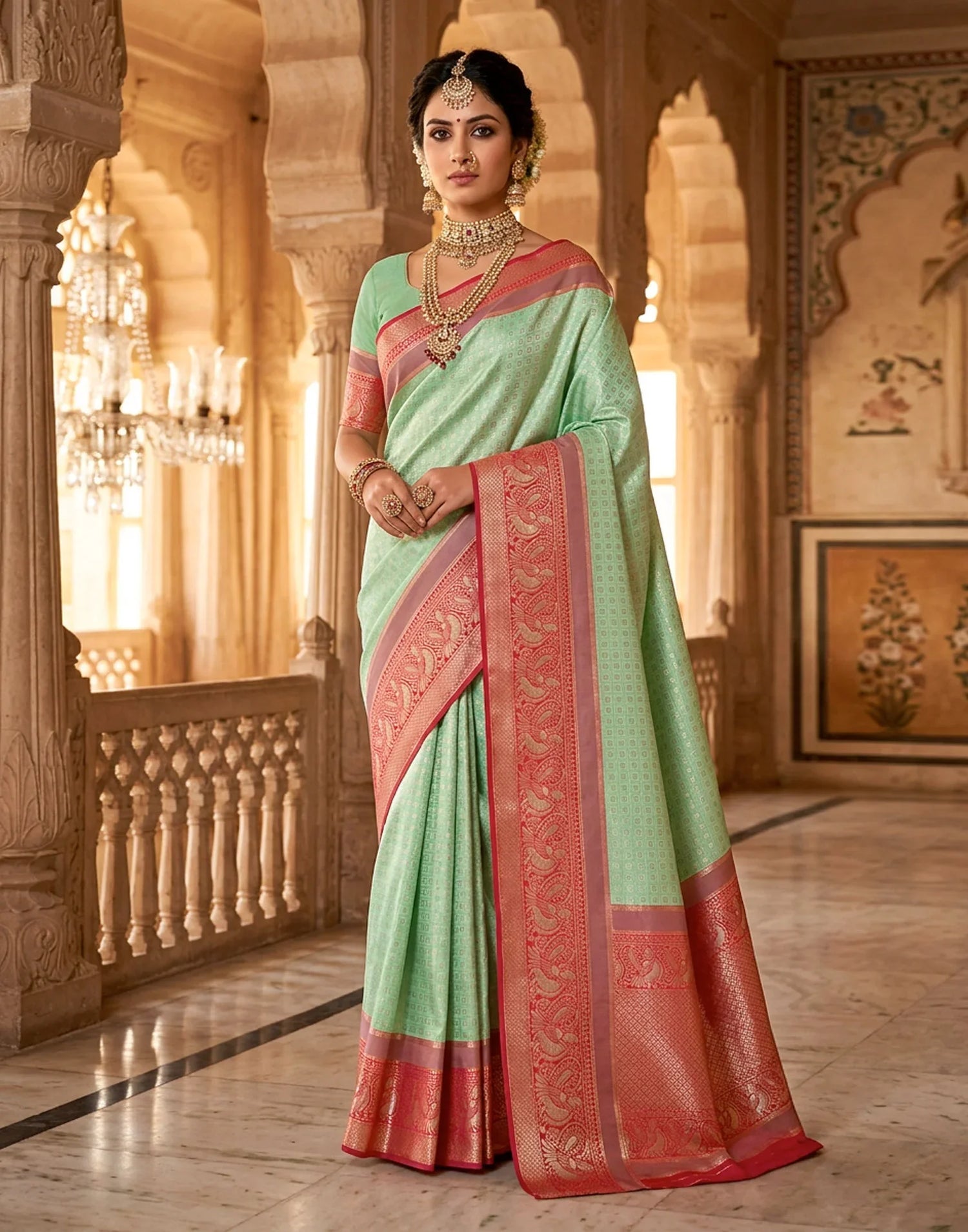 Royal Pink and Mint Green Silk Saree with Rich Zari Border