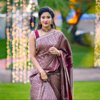 Elegant Maroon Silk Saree with All-Over Woven Motifs