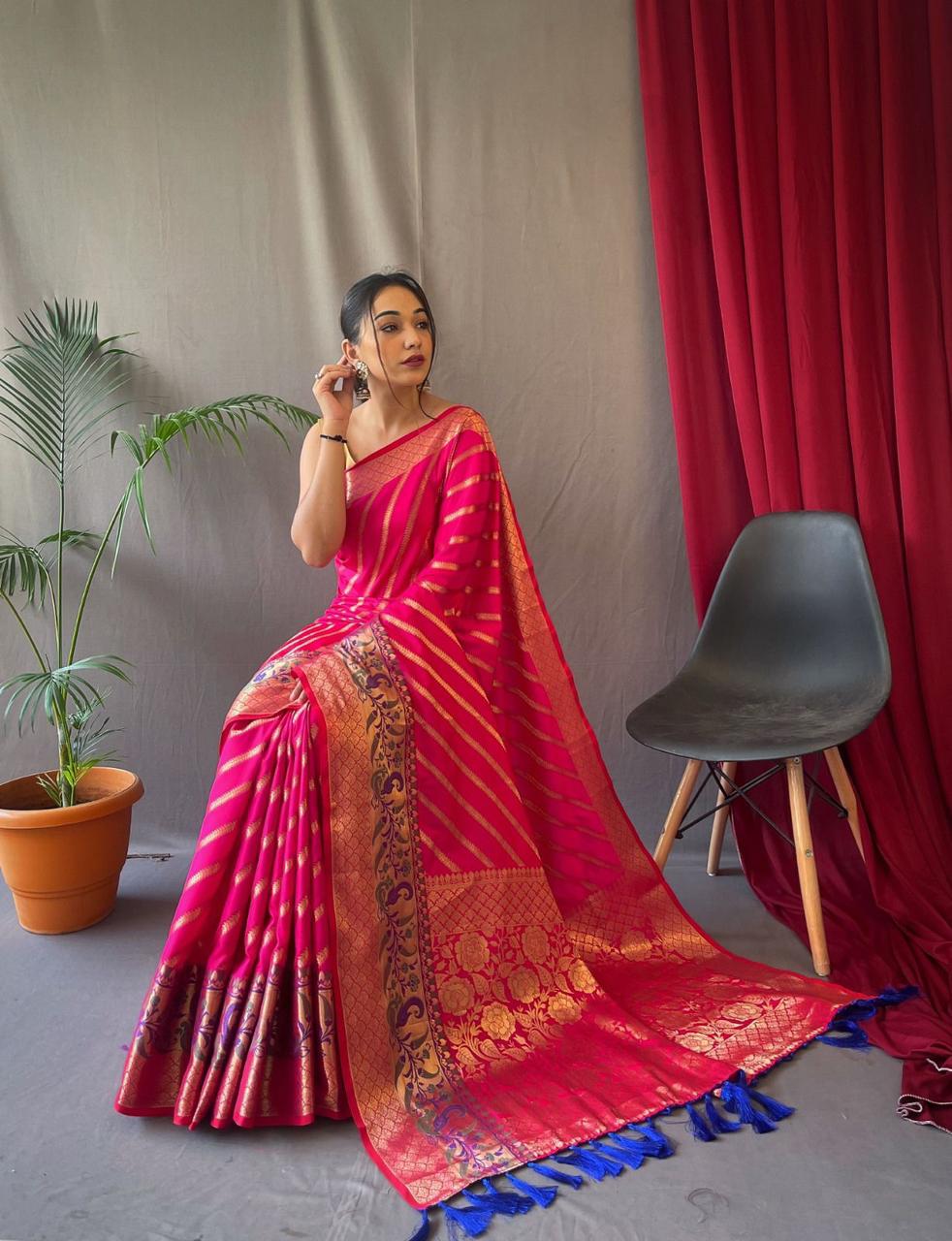 Pure Silk Saree with Gold Zari Zigzag Weave