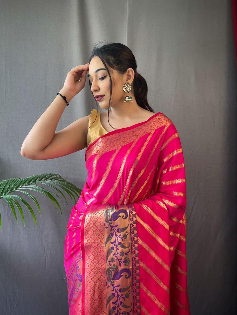 Pure Silk Saree with Gold Zari Zigzag Weave