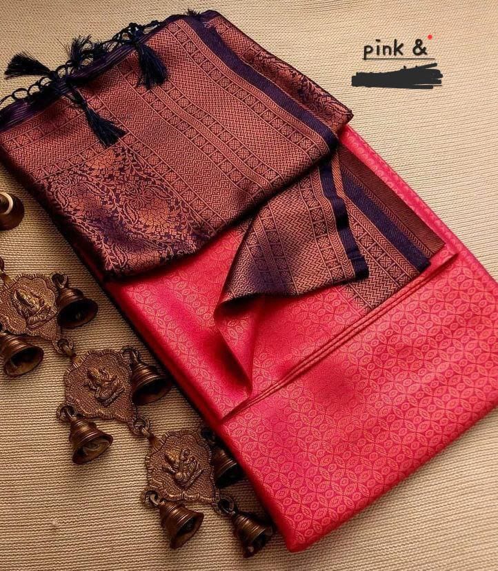 Elegant Pink &amp; Black Soft Silk Saree with Rich Woven Pallu