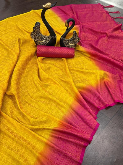 Elegant Pink &amp; Black Soft Silk Saree with Rich Woven Pallu