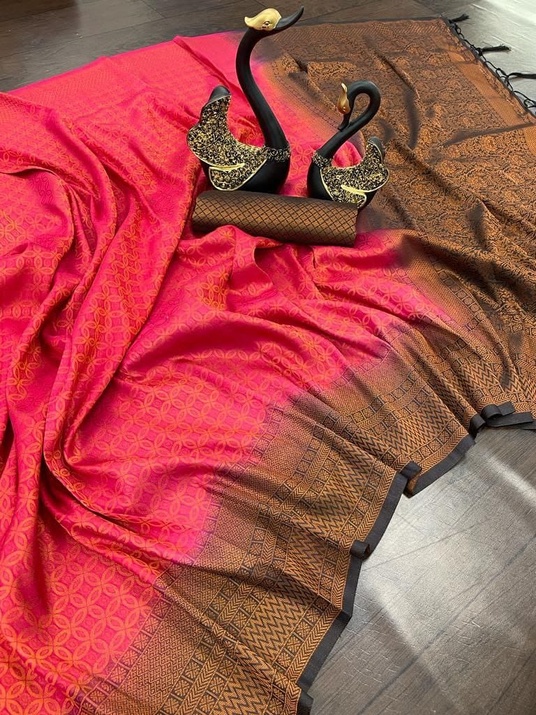 Elegant Pink &amp; Black Soft Silk Saree with Rich Woven Pallu