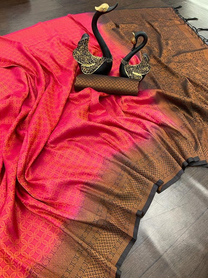 Elegant Pink &amp; Black Soft Silk Saree with Rich Woven Pallu