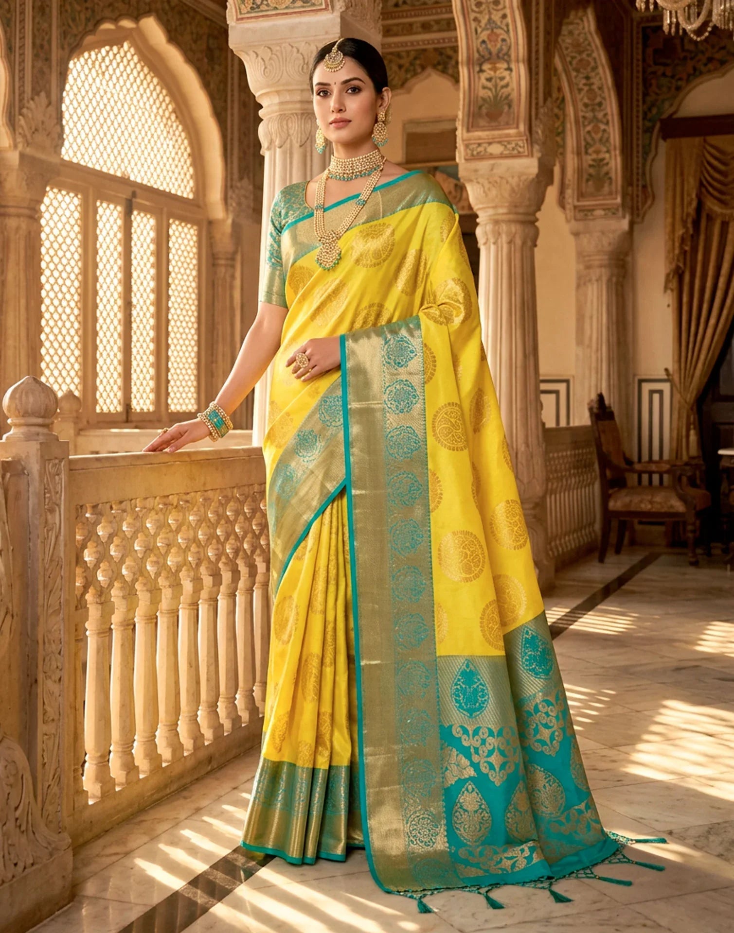Yellow and Teal Silk Saree with Woven Motifs