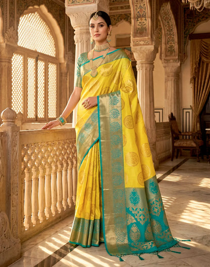Yellow and Teal Silk Saree with Woven Motifs