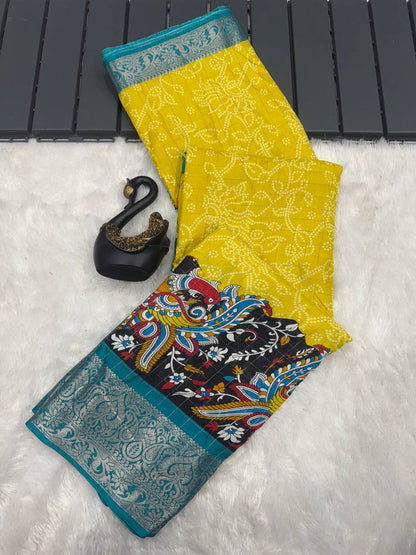 Lightweight Mangalagiri Dola Saree with Print Checks &amp; Kalamkari Pallu
