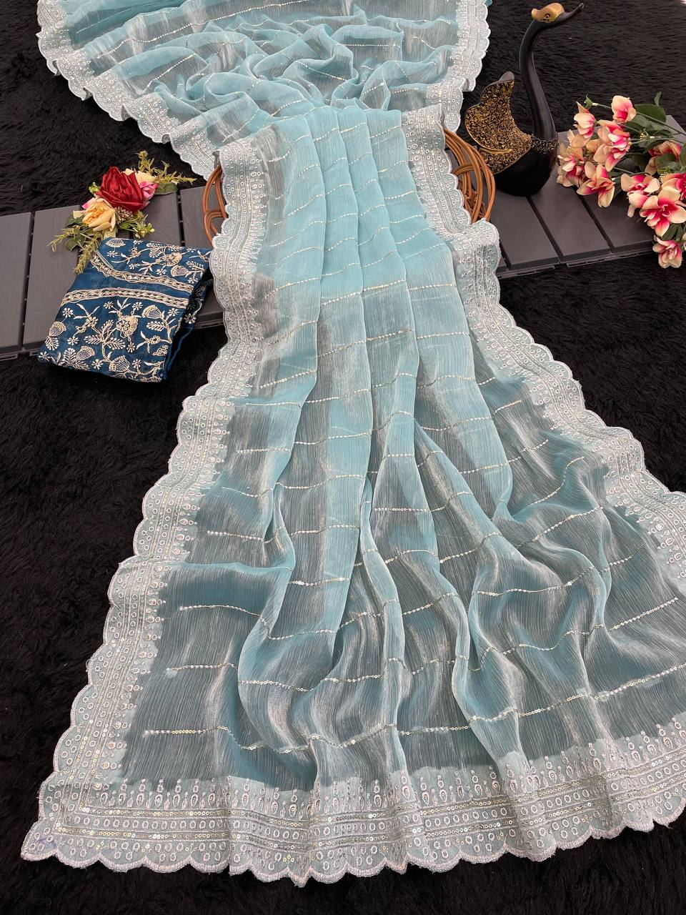 Soft Burberry Fabric Designer Saree with Sequins &amp; Zari Work