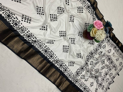 Pure Dola Silk Saree with HD Batik Print &amp; Jacquard Border
