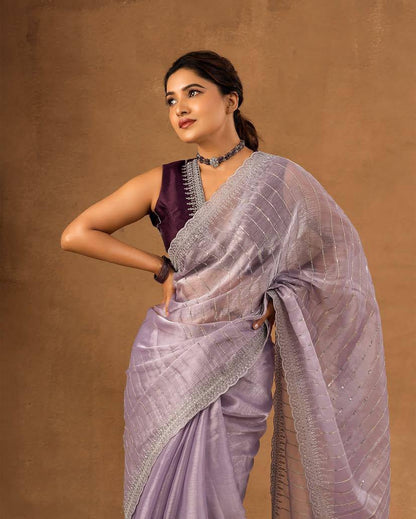 Soft Burberry Fabric Designer Saree with Sequins &amp; Zari Work