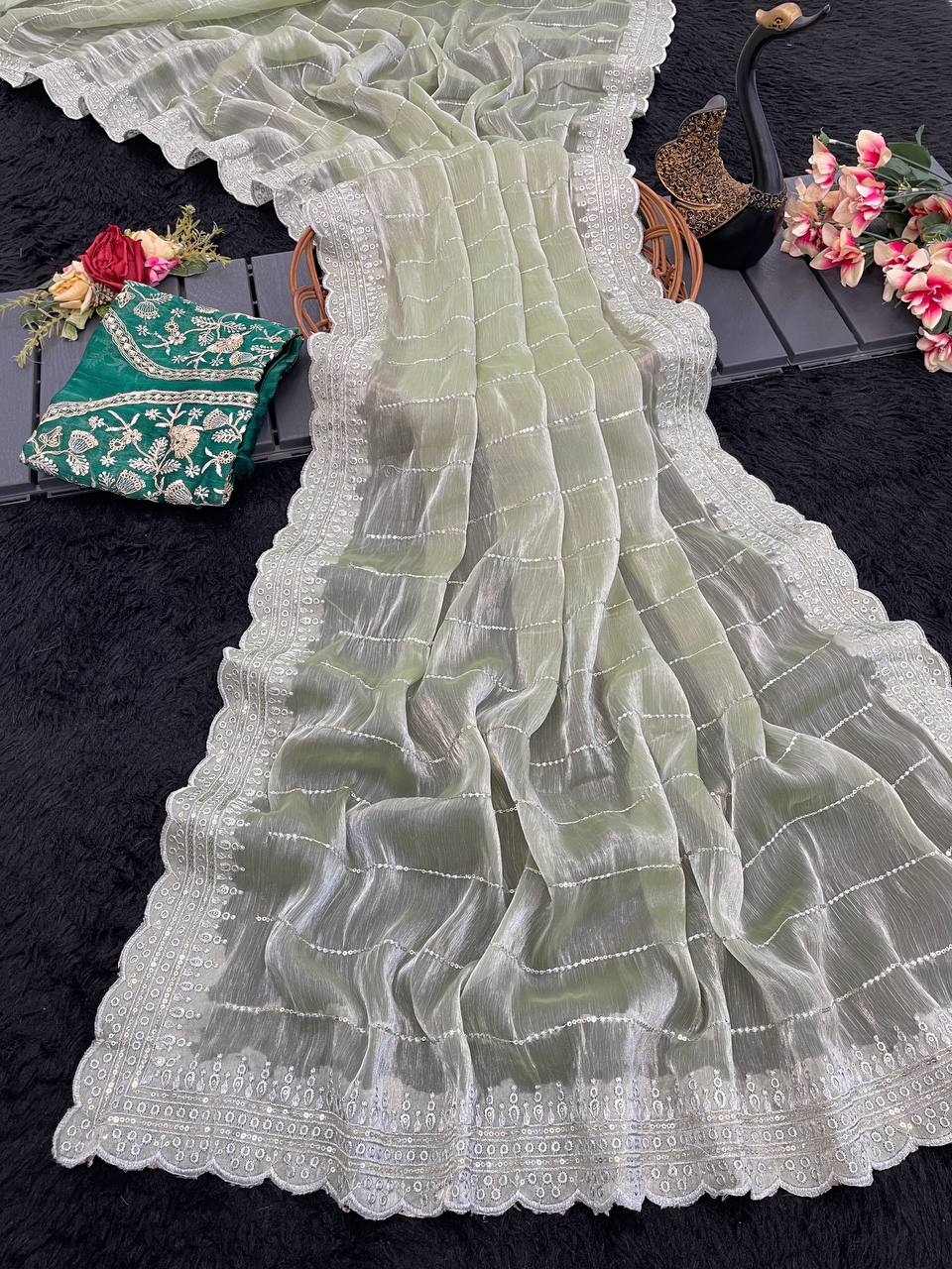 Soft Burberry Fabric Designer Saree with Sequins &amp; Zari Work