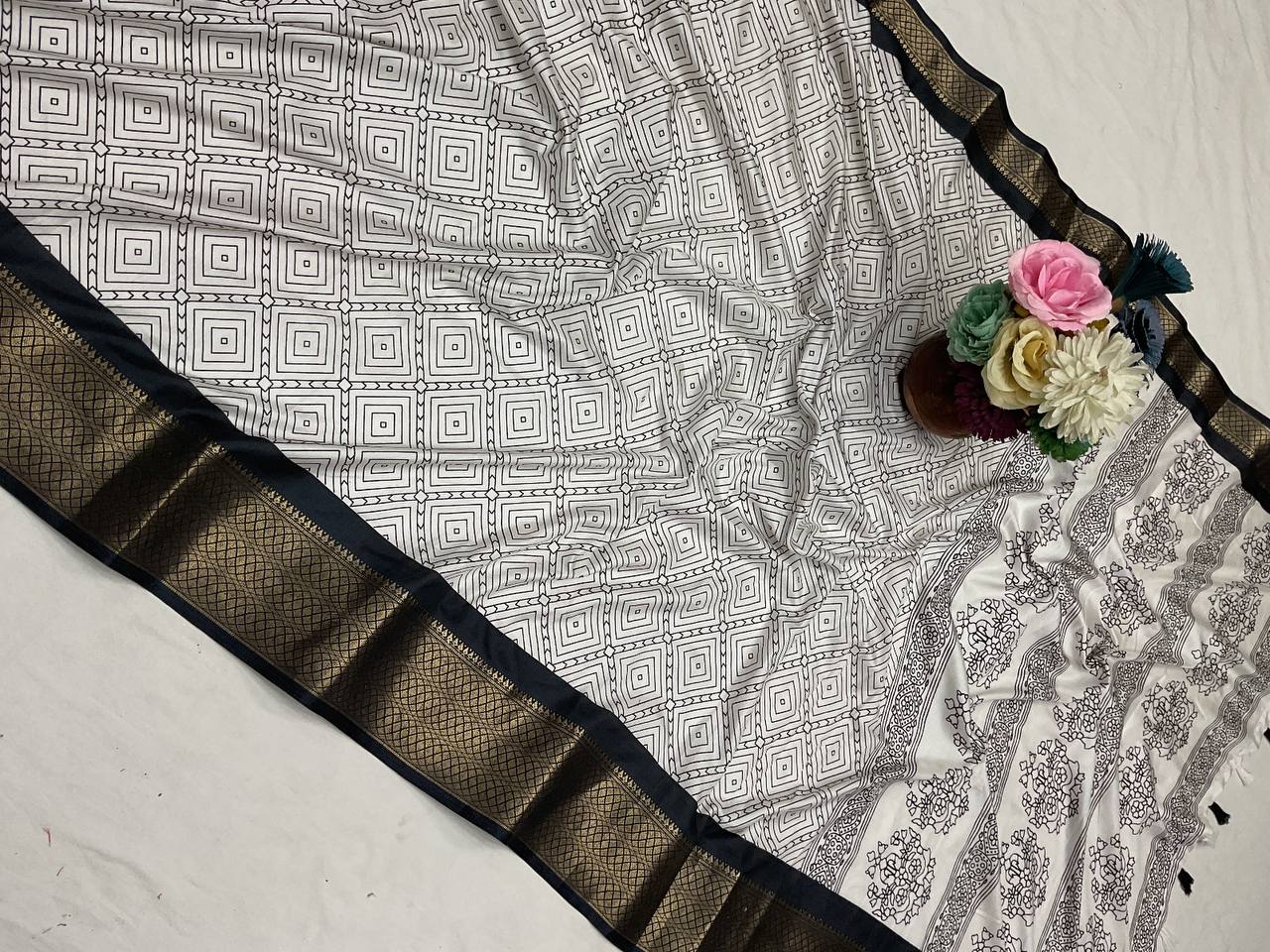 Pure Dola Silk Saree with HD Batik Print &amp; Jacquard Border