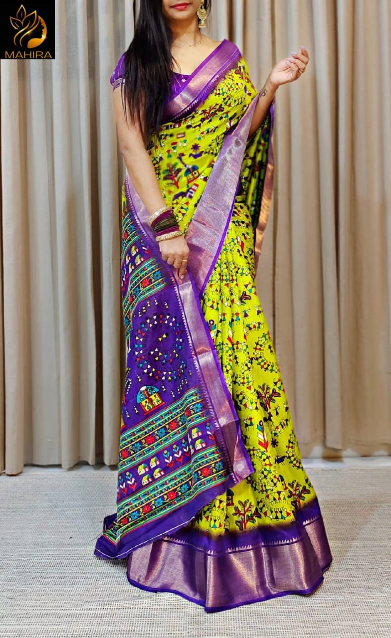 Dola Silk Saree with All-Over Floral Design &amp; Gold Weaving Border