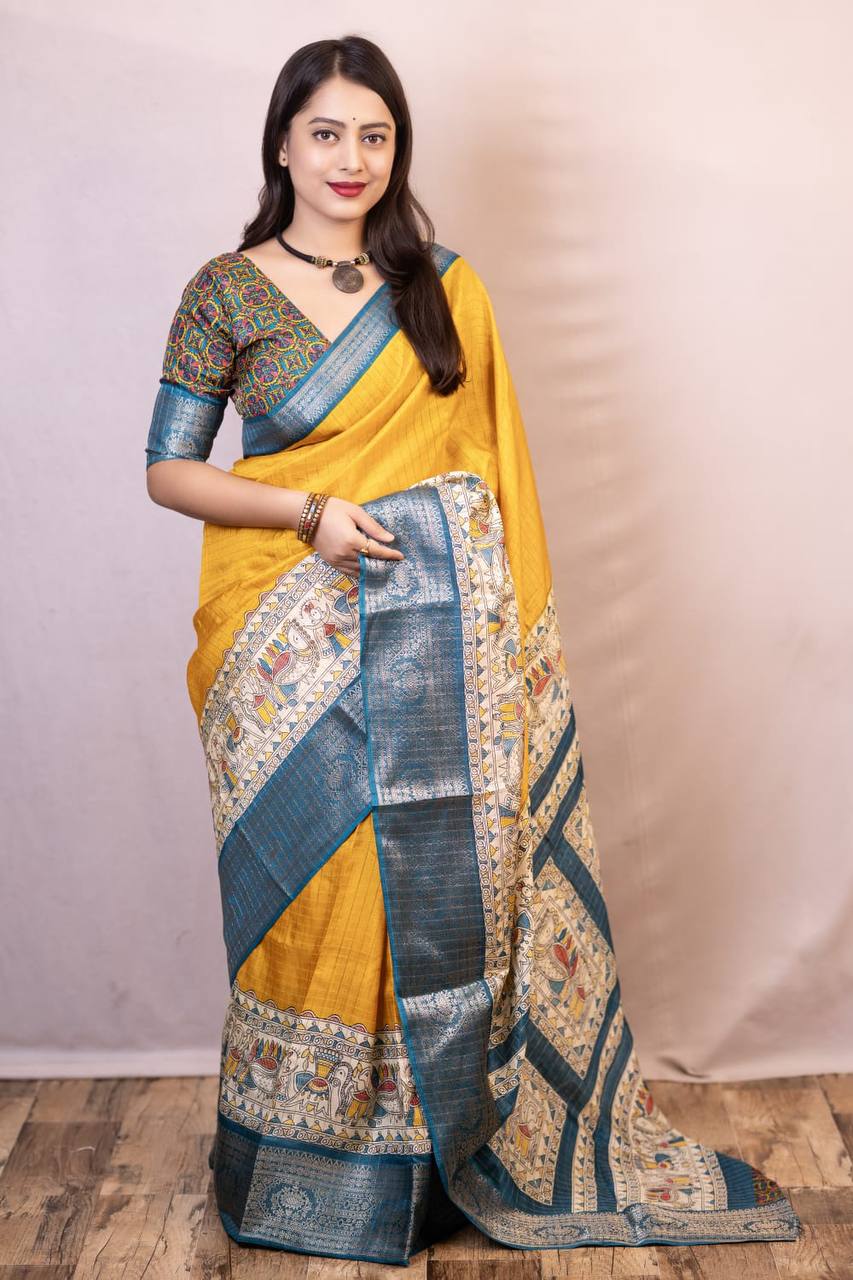 Lightweight Mangalagiri Dola Saree with Print Checks &amp; Kalamkari Pallu
