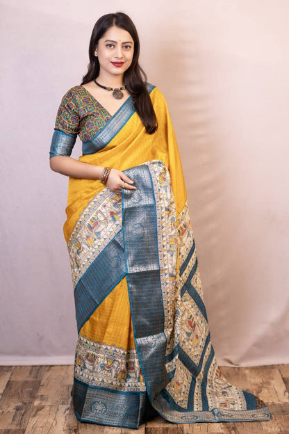 Lightweight Mangalagiri Dola Saree with Print Checks &amp; Kalamkari Pallu