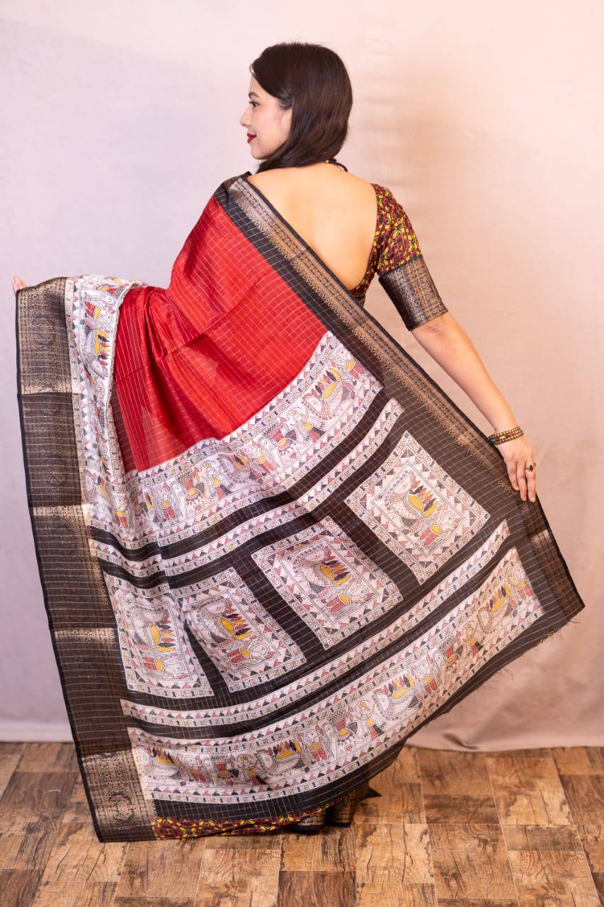 Lightweight Mangalagiri Dola Saree with Print Checks &amp; Kalamkari Pallu