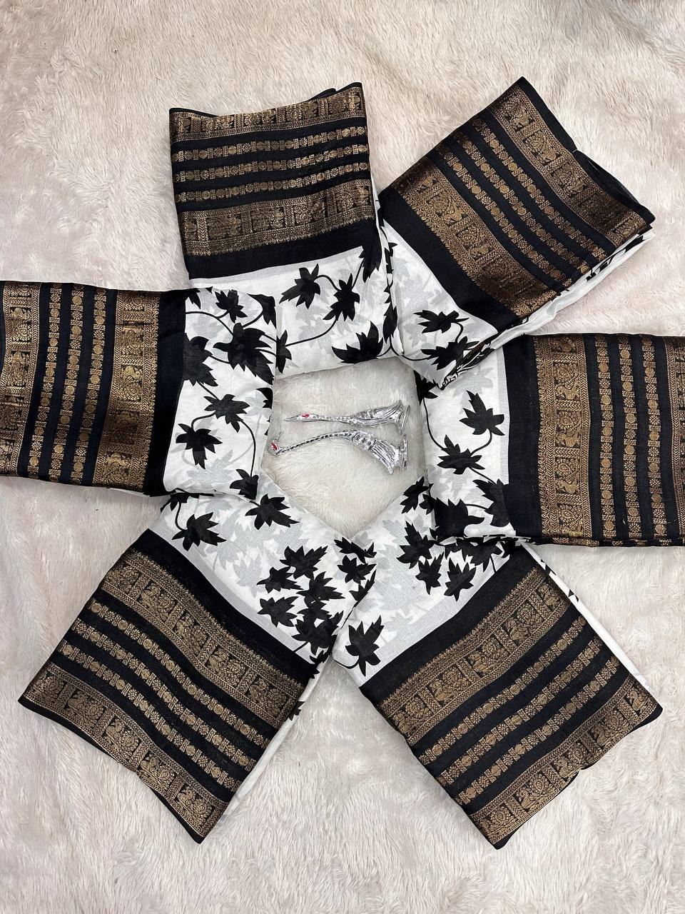 Pure Dola Silk Saree with Jacquard Border &amp; Kalamkari Print