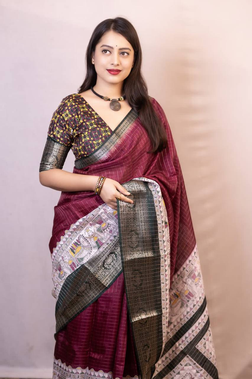 Lightweight Mangalagiri Dola Saree with Print Checks &amp; Kalamkari Pallu