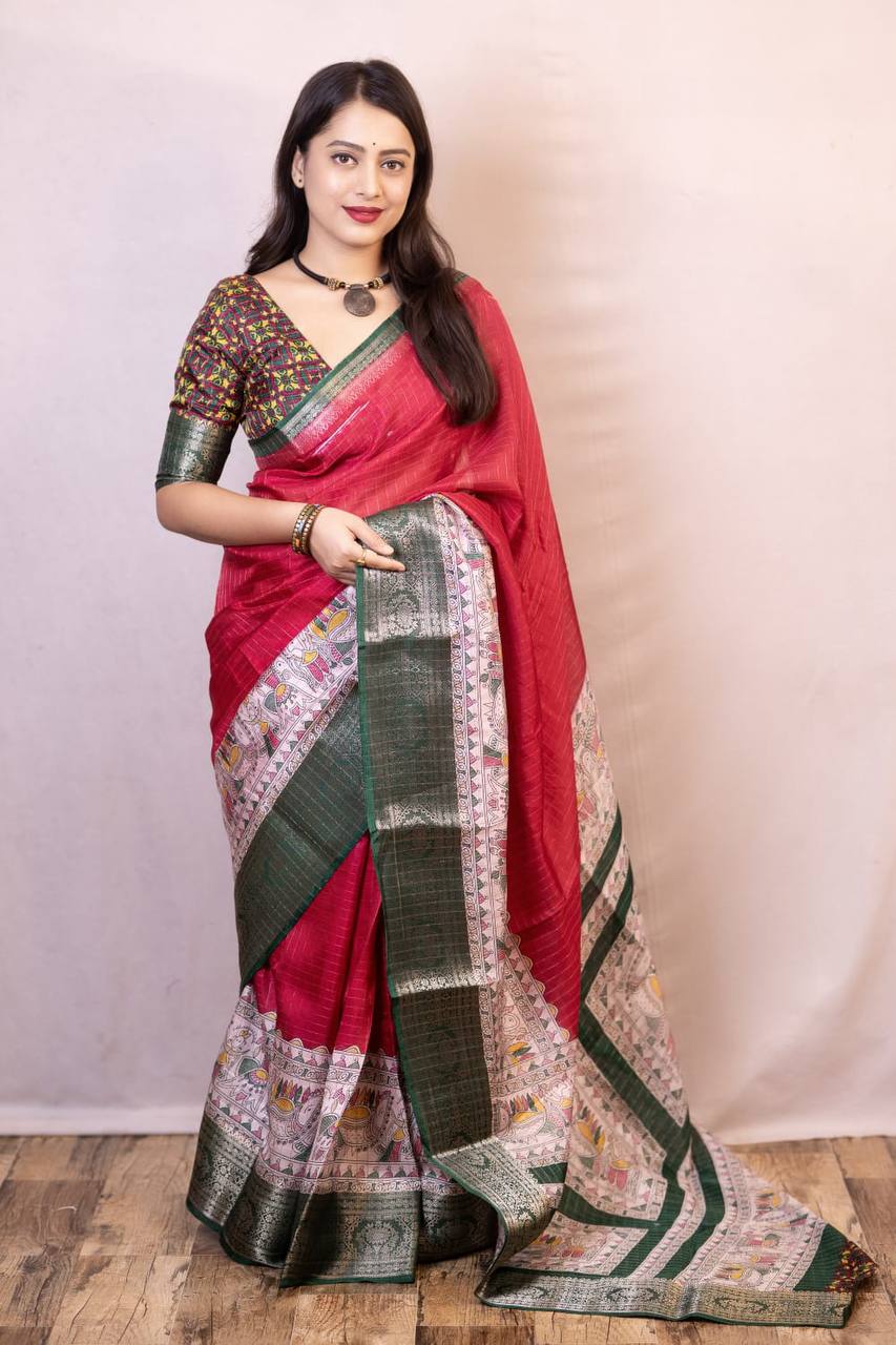 Lightweight Mangalagiri Dola Saree with Print Checks &amp; Kalamkari Pallu