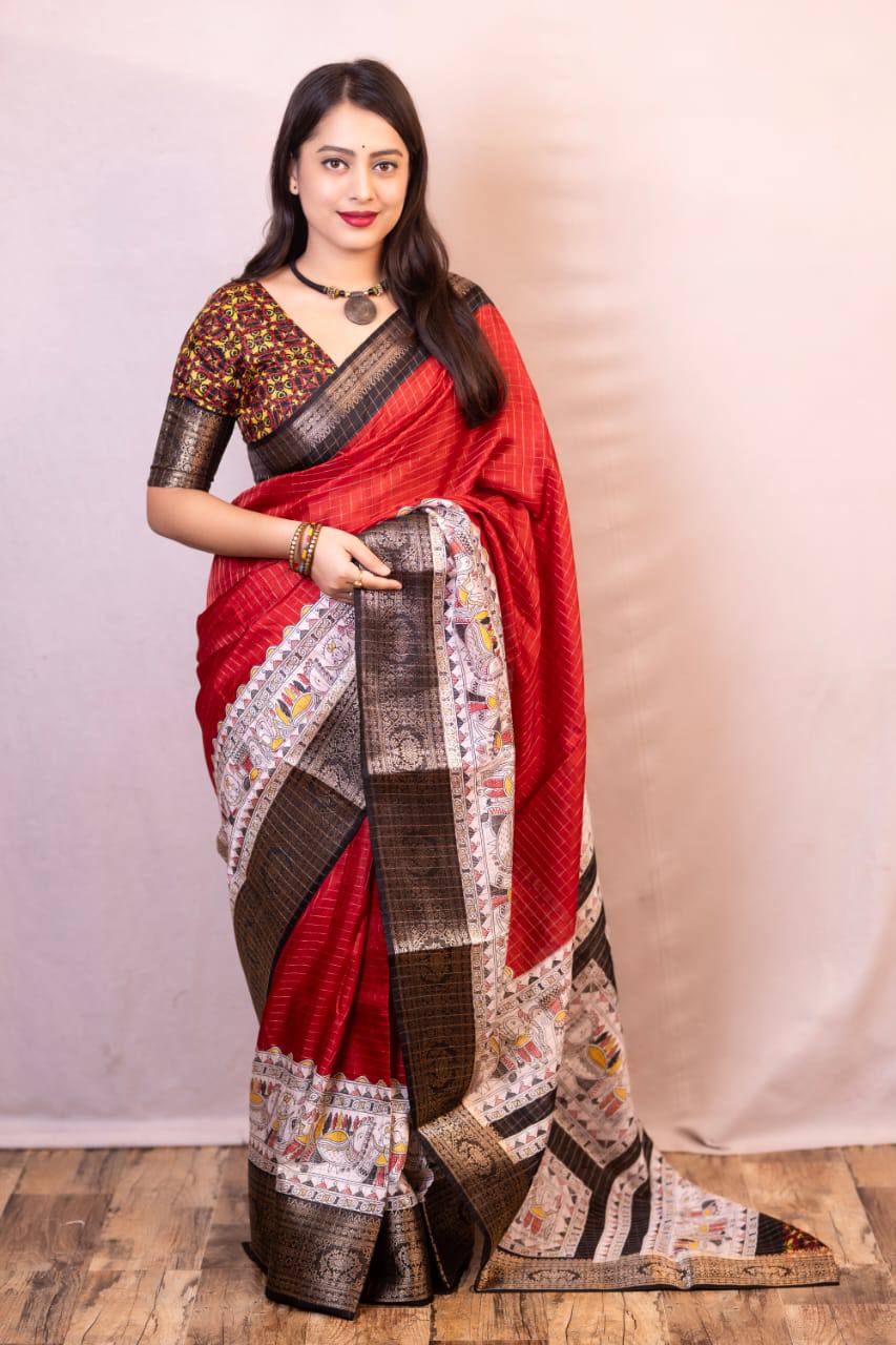 Lightweight Mangalagiri Dola Saree with Print Checks &amp; Kalamkari Pallu
