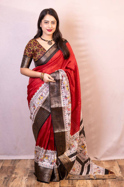 Lightweight Mangalagiri Dola Saree with Print Checks &amp; Kalamkari Pallu