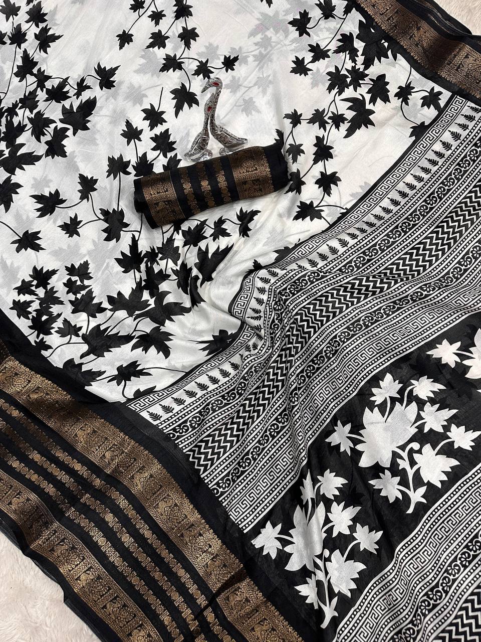 Pure Dola Silk Saree with Jacquard Border &amp; Kalamkari Print