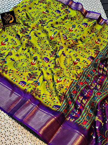 Dola Silk Saree with All-Over Floral Design &amp; Gold Weaving Border