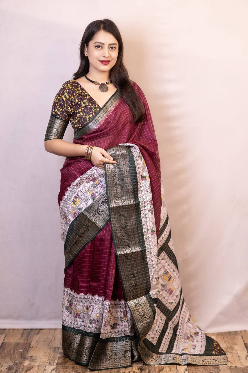Lightweight Mangalagiri Dola Saree with Print Checks &amp; Kalamkari Pallu