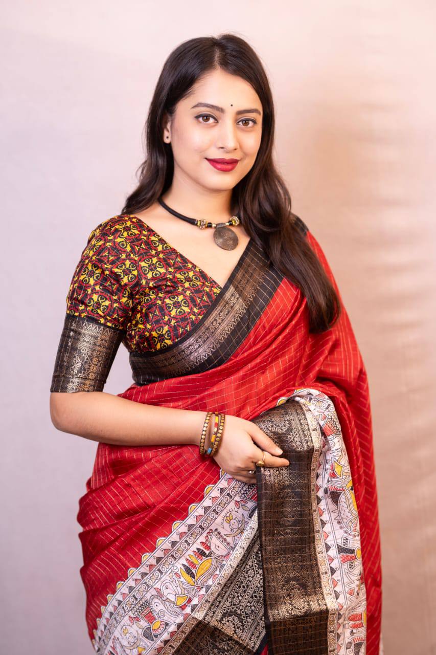 Lightweight Mangalagiri Dola Saree with Print Checks &amp; Kalamkari Pallu