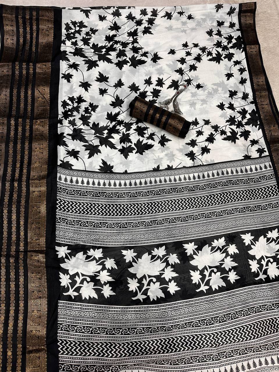 Pure Dola Silk Saree with Jacquard Border &amp; Kalamkari Print
