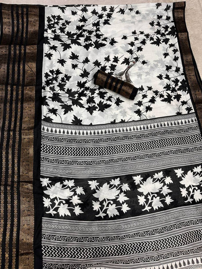 Pure Dola Silk Saree with Jacquard Border &amp; Kalamkari Print